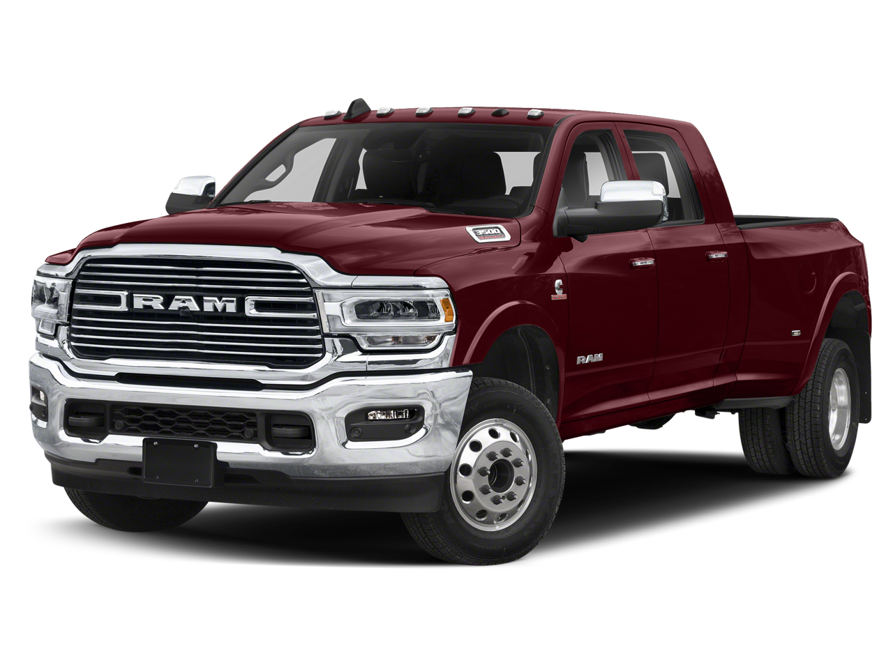 2019 RAM 3500 Laramie Longhorn in Delmonico Red Pearlcoat — front three-quarter view
