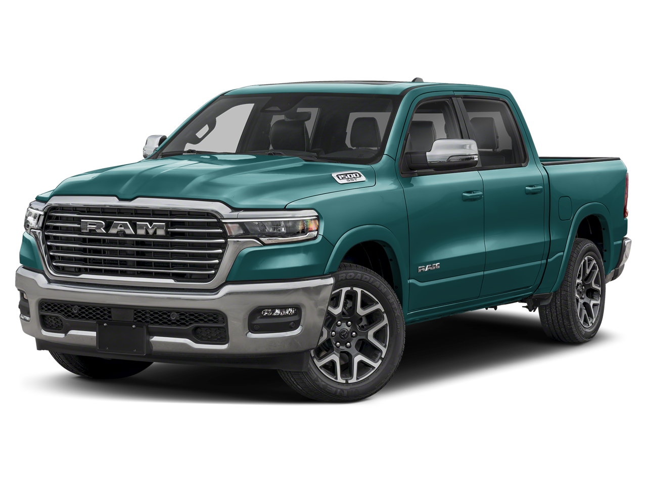 2026 RAM 1500 Laramie in Serrano Green Metallic — front three-quarter view