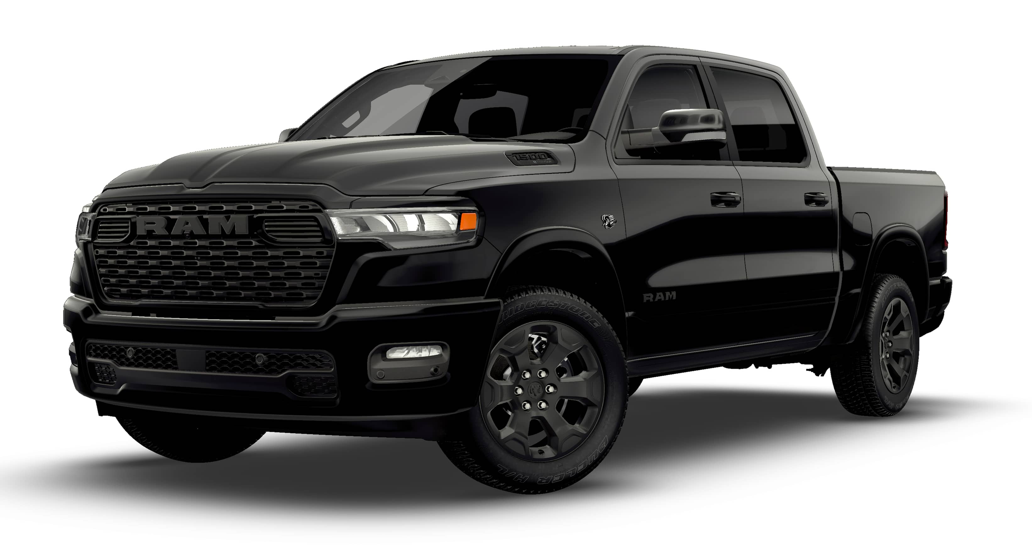 2026 RAM 1500 RAM 1500 BIG HORN CREW CAB 4X4 5'7' BOX in Diamond Black Crystal Pearl-Coat Exterior Paint — front three-quarter view