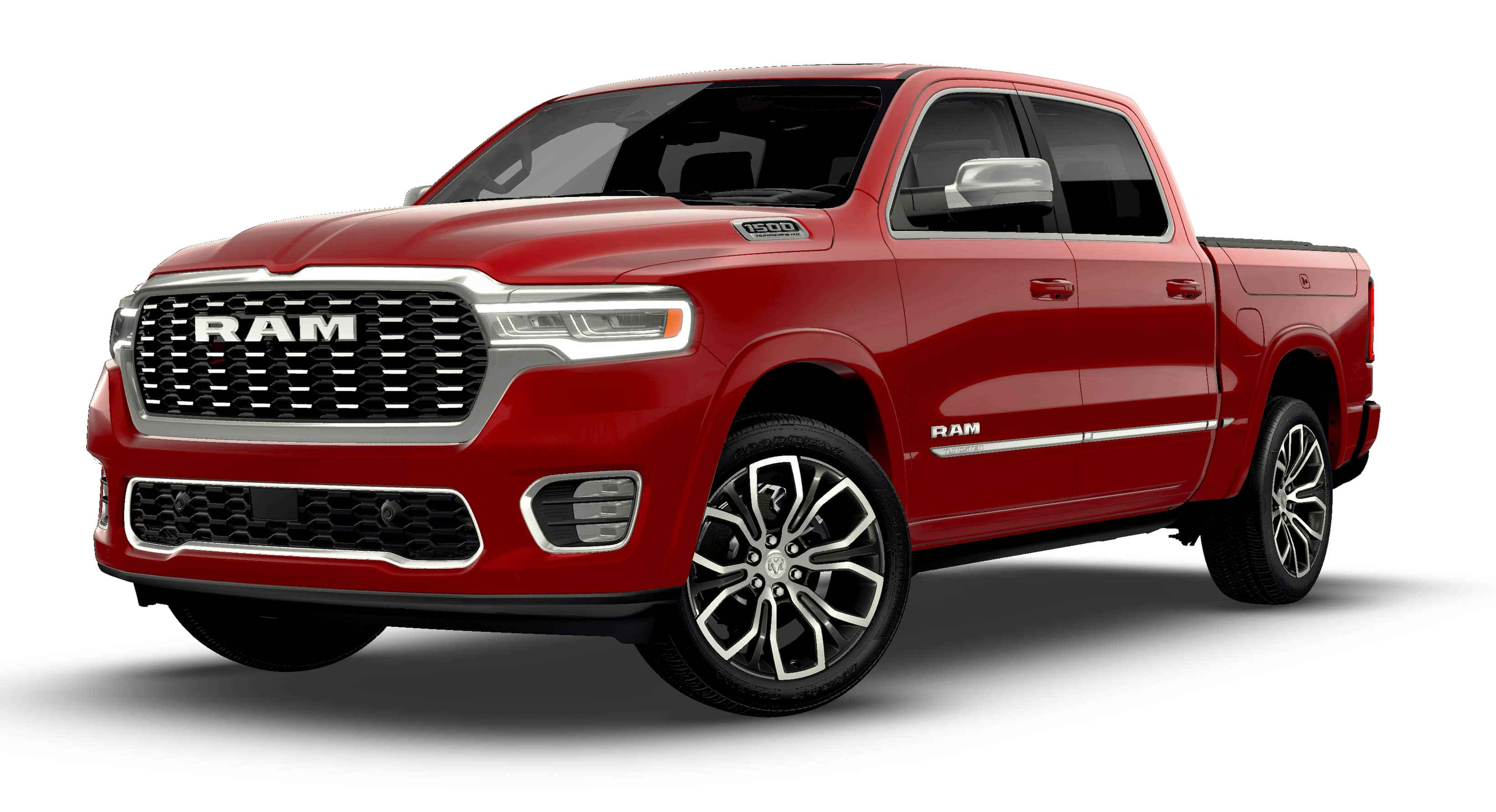 2026 RAM 1500 RAM 1500 TUNGSTEN CREW CAB 4X4 in Molten Red Pearl-Coat Exterior Paint — front three-quarter view