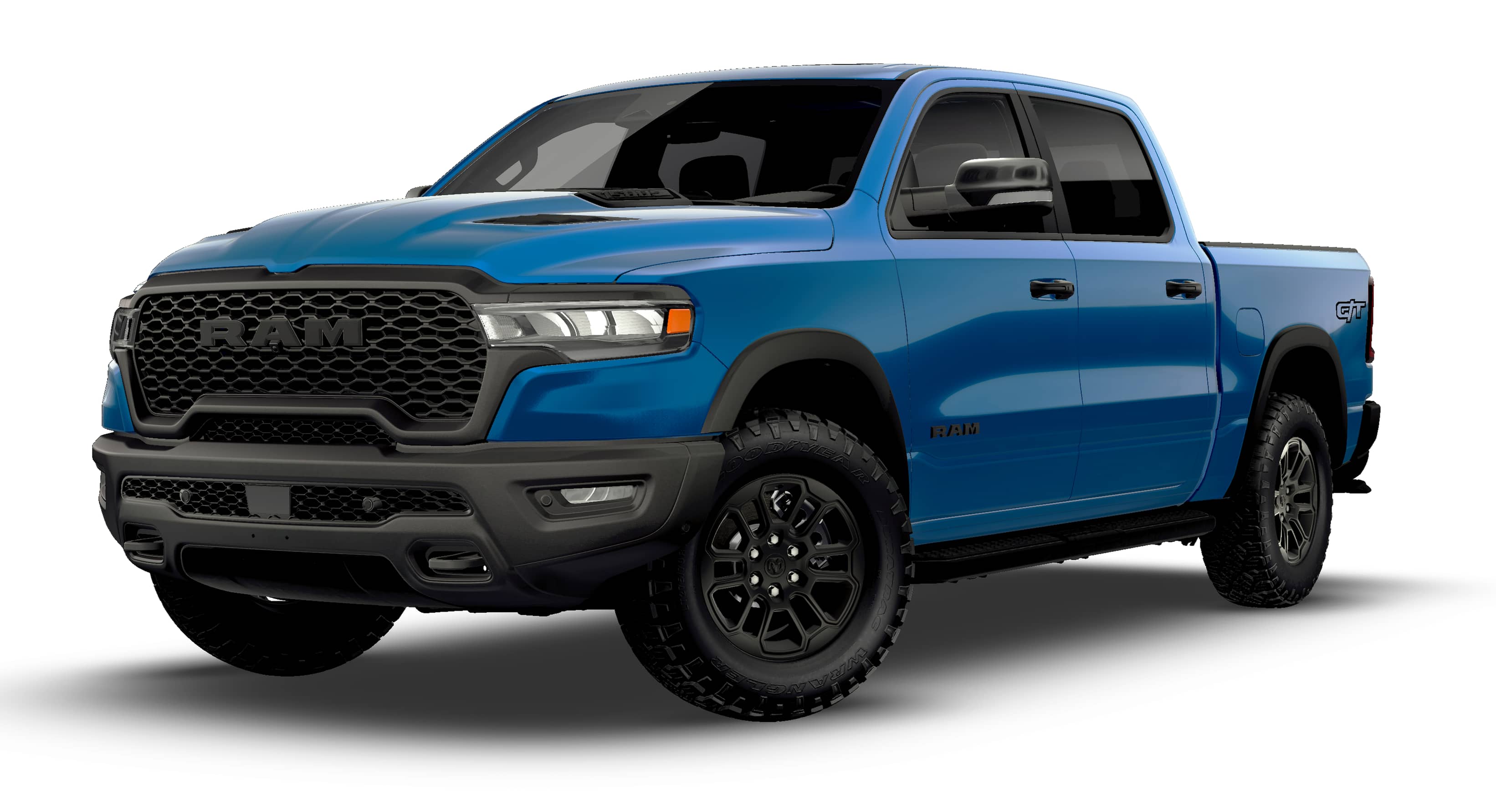 2026 RAM 1500 RAM 1500 REBEL CREW CAB 4X4 5'7' BOX in Hydro Blue Pearl-Coat Exterior Paint — front three-quarter view