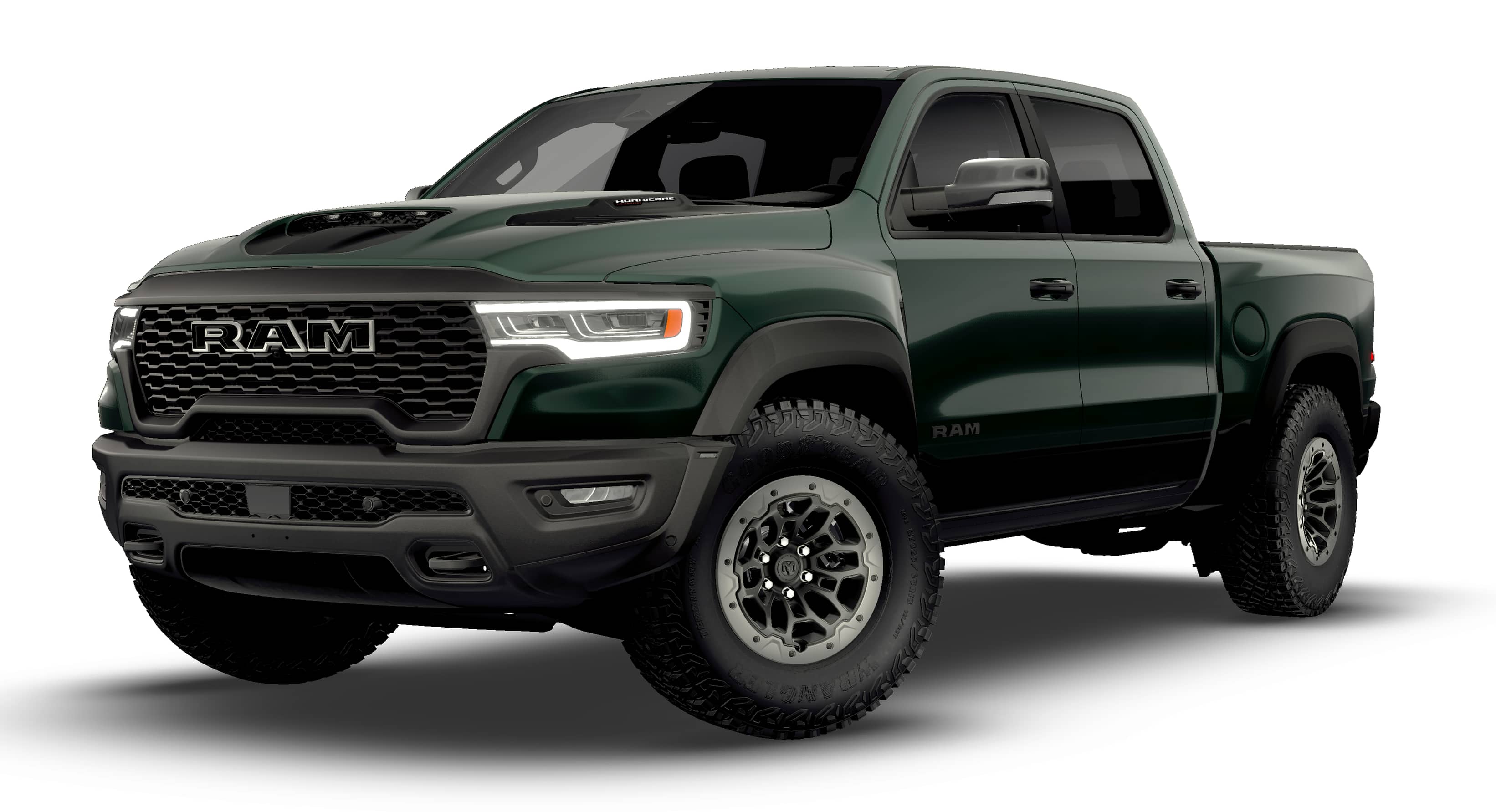 2026 RAM 1500 RAM 1500 RHO CREW CAB 4X4 5'7' BOX in Serrano-Green Metallic Exterior Paint — front three-quarter view