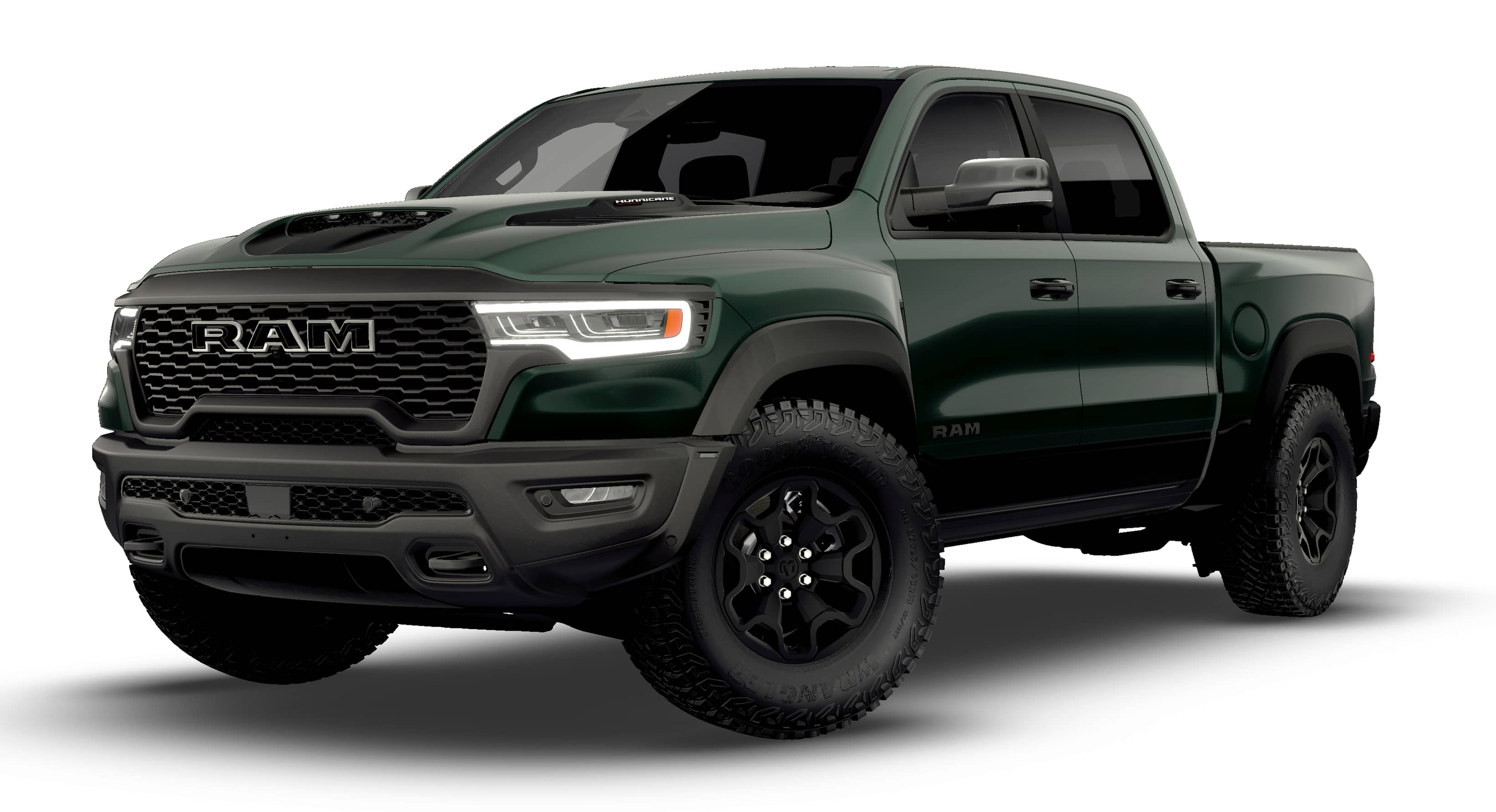 2026 RAM 1500 RAM 1500 RHO CREW CAB 4X4 5'7' BOX in Serrano-Green Metallic Exterior Paint — front three-quarter view