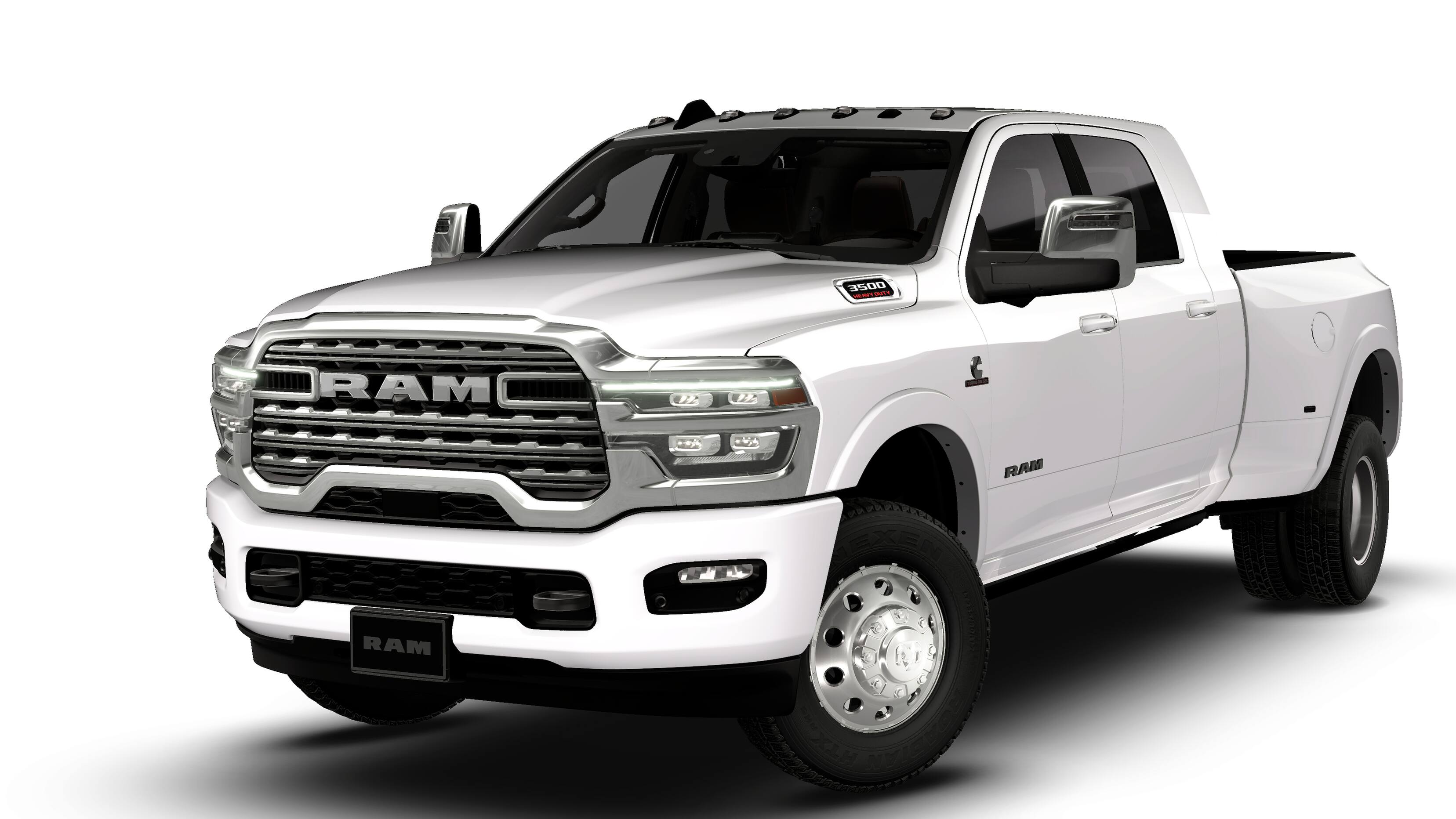 2026 RAM 3500 RAM 3500 LIMITED LONGHORN MEGA CAB 4X4 6'4' BOX in Bright White Clear-Coat Exterior Paint — front three-quarter view