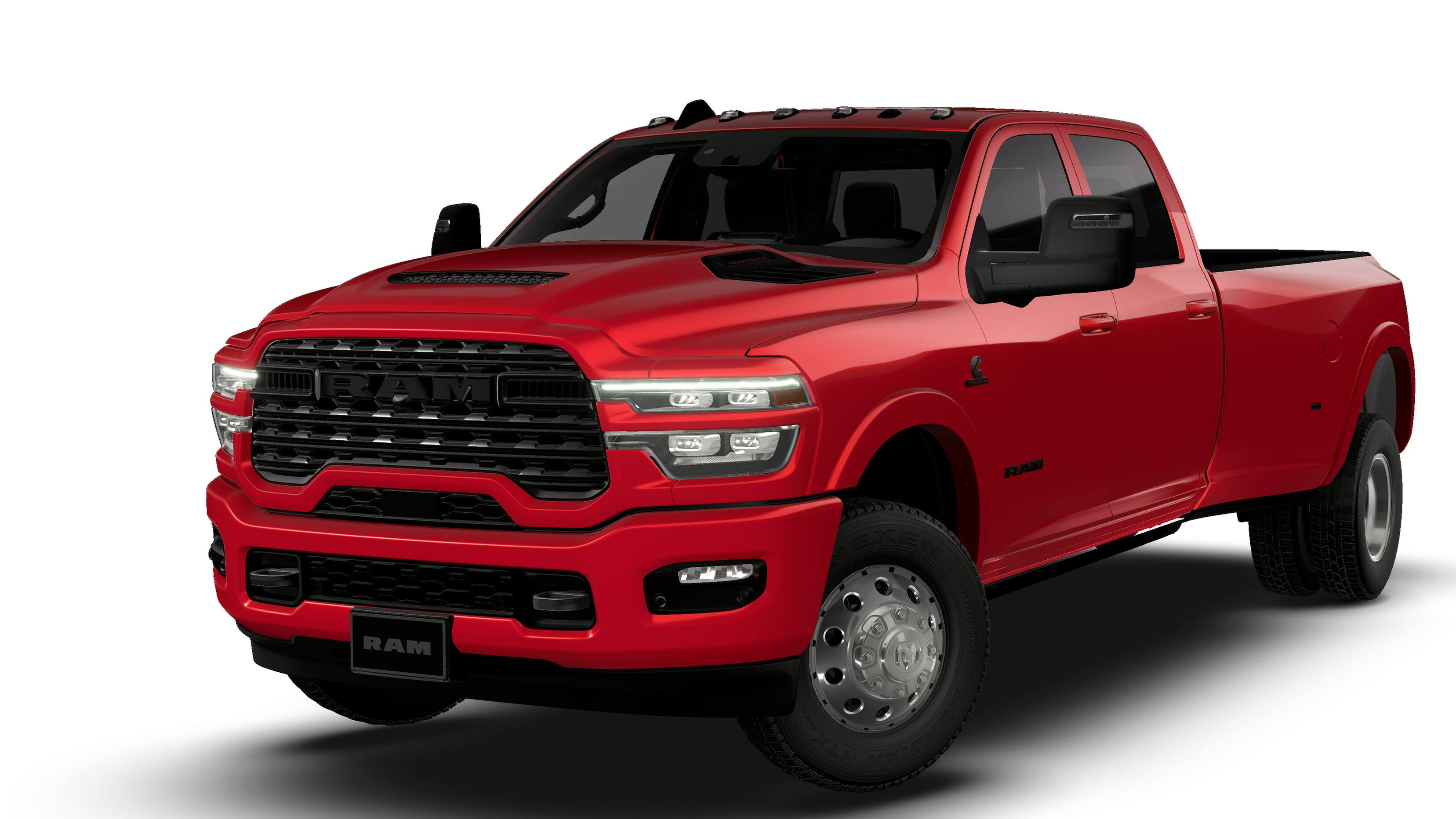 2026 RAM 3500 RAM 3500 LIMITED CREW CAB 4X4 8' BOX in Molten Red Pearl-Coat Exterior Paint — front three-quarter view