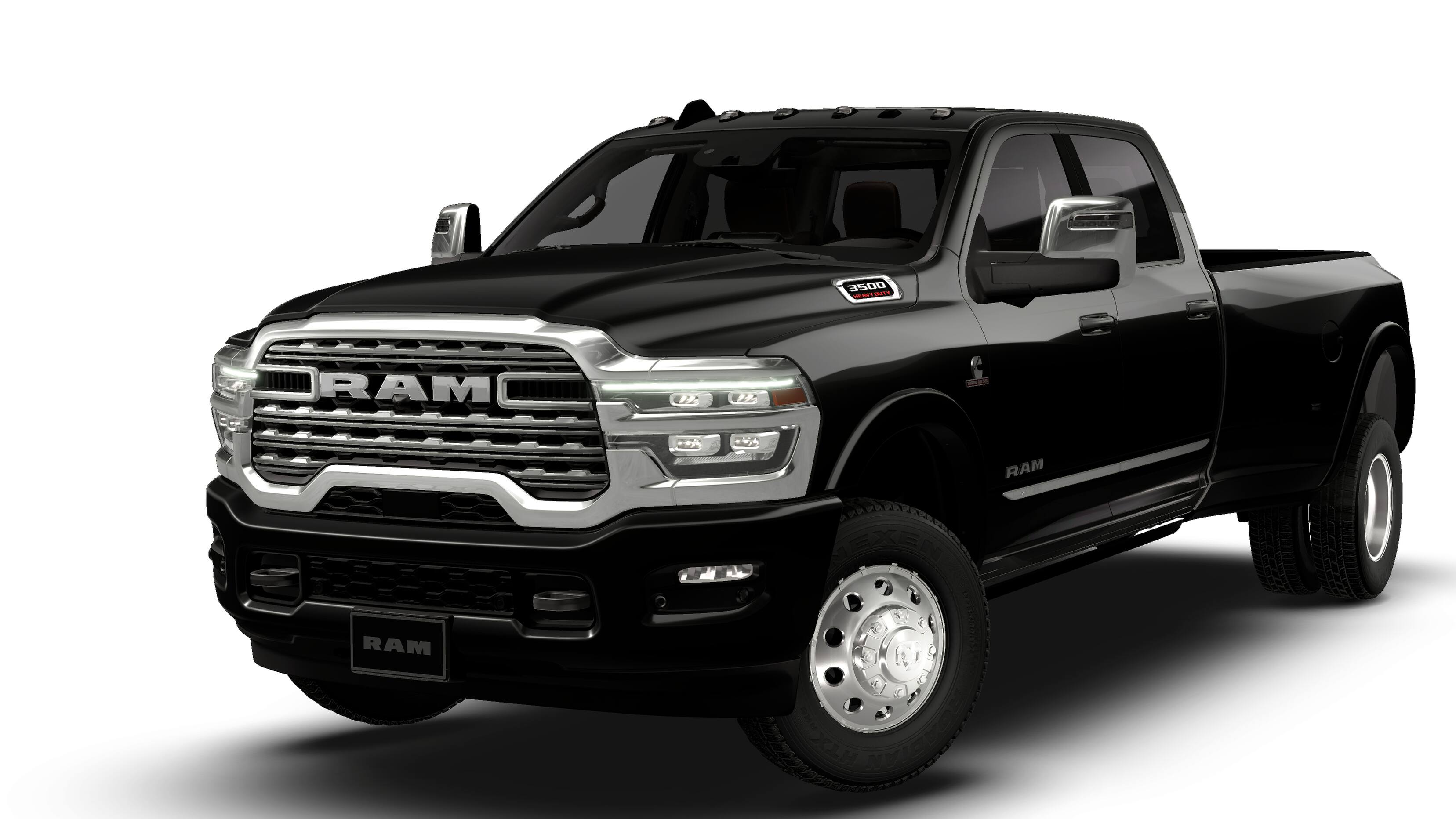 2026 RAM 3500 RAM 3500 LIMITED LONGHORN CREW CAB 4X4 8' BOX in Diamond Black Crystal Pearl-Coat Exterior Paint — front three-quarter view